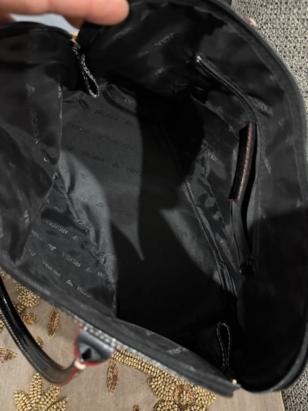 Arcadia Black Patent Leather Tote with Subtle Red Trim